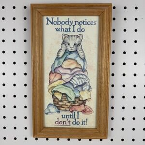 Vintage Figi Graphics 1989 Framed Cat Laundry Art Debra Jordan Bryan Oak Frame